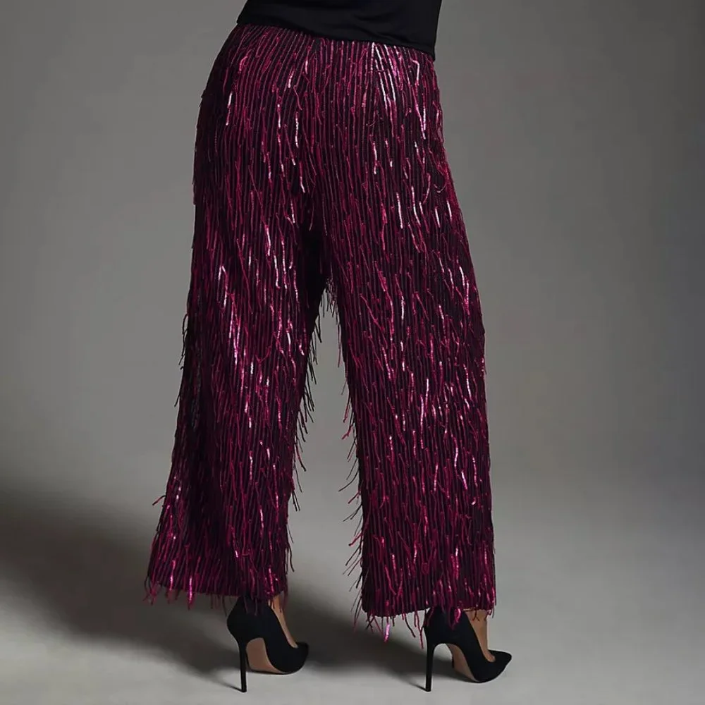 Anthropologie Maeve Fringed Sequined Wide-Leg Pants Plum Purple 20W Plus - Picture 2 of 13